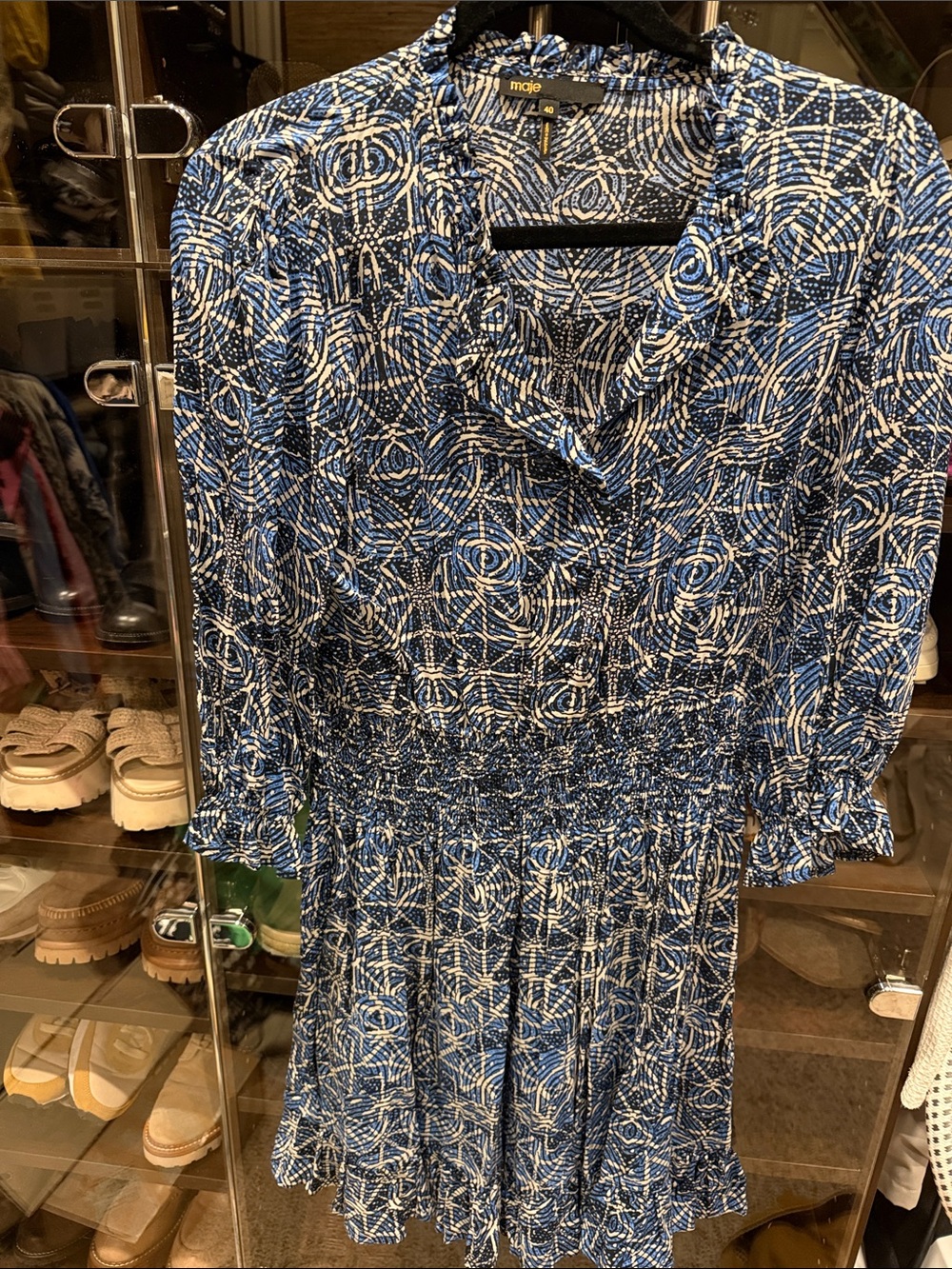 Maje Blue & White Swirl Print Smocked Waist Dress